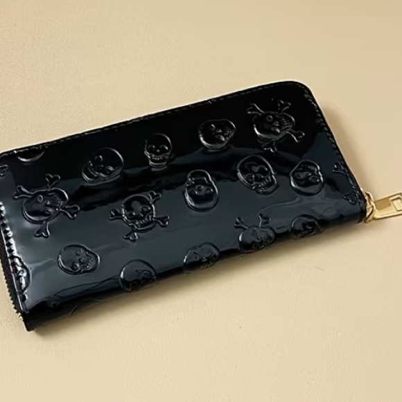 Black Skeleton Embossed Women's Long Wallet Shiny Faux Patent Leather NWT - Picture 2 of 6